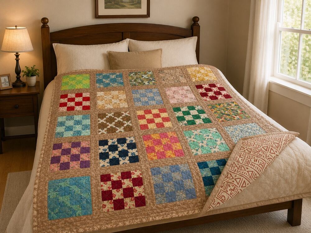 Vintage Handmade Reversible Patchwork Quilt - Checkerboard - Cottagecore 76 x 76